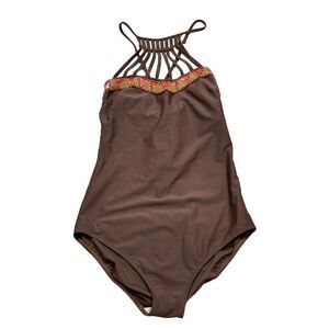 Ladies Gottex Brand Brown‎ Cage Front Bead Detail One Piece Swim Suit Size 14